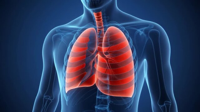 Detailed medical visualization showing the human respiratory system with glowing red lungs and trachea situated inside a transparent blue male torso.