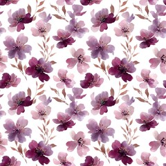 Delicate watercolor seamless pattern with purple and mauve flowers on a white background. The hand-painted