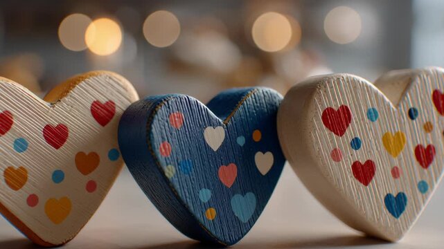 Valentine's day in eco friendly concept.Wood heart decor romantic eco valentine gift love table soft bokeh light background with colorful dotted wooden hearts cozy candle glow festive celebration