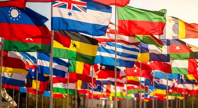 A vibrant display of international flags fluttering in the wind.