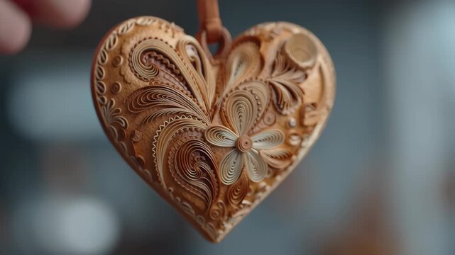 Valentine's day in eco friendly concept.wooden heart ornament carving decoration eco valentine handmade craft romantic quilling gift design with delicate scroll and paper curl detail hanging softly