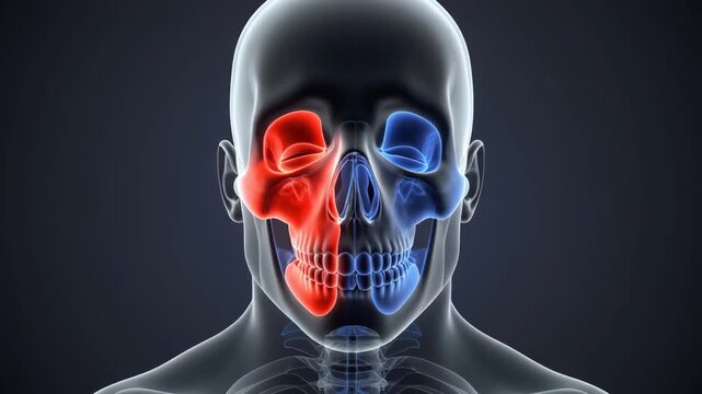 Medical visualization of human skull anatomy highlighting facial bones with contrasting red and blue zones representing inflammation or pain comparison.