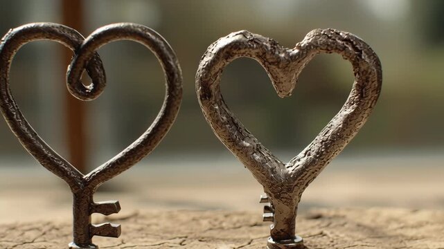 Valentine's day in eco friendly concept.heart key metal love romance eco valentine couple rustic wood sculpture decor creating tender symbol of connection commitment on slice under warm sunlight