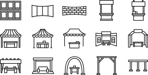 Market stall and storefront outline icon set with kiosks awnings booths arches and retail structures vector illustrations isolated © MdYeasin