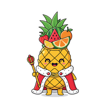 Cute pineapple king character illustration with fruit crown and scepter, isolated vector art