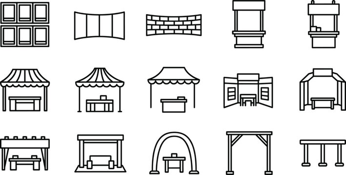 Market stall and storefront outline icon set with kiosks awnings booths arches and retail structures vector illustrations isolated