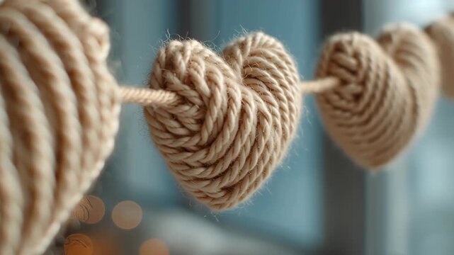 Valentine's day in eco friendly concept.heart rope garland decor eco valentine love craft handmade romantic natural fiber texture warm rustic holiday decoration scene cozy yarn closeup background