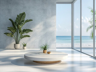 Modern Minimalist Interior with Beach View