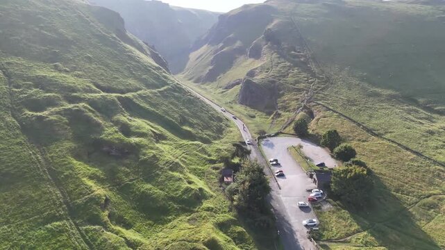 Drone view of Winnats Pass, Peak District National Park, Derbyshire, England, UK.