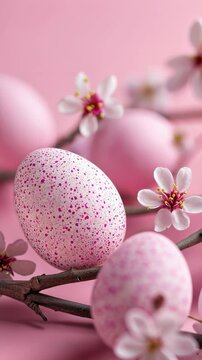 Pink Easter eggs among fragile cherry flowers on a soft pink background, Easter vertical background