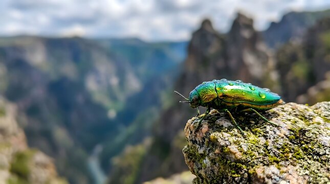 Bright green beetle on a rock edge in the mountains showing acrophobia through its high cliff location above a deep valley on a cloudy day Generative AI