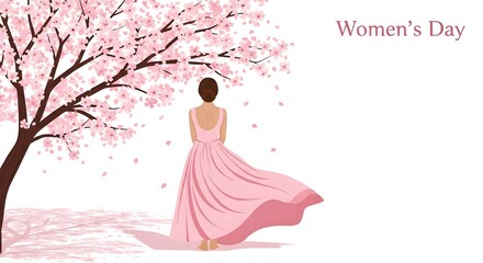 A woman in a flowing pink dress standing under a blooming cherry blossom tree.