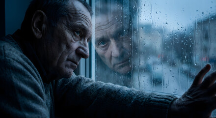 Pensive senior by rainy window in quiet reflection