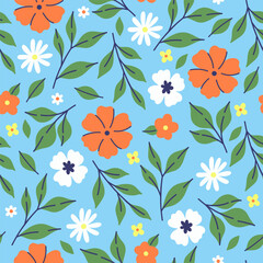 Seamless pattern with flowers and leaves on a blue background. Vector graphics.
