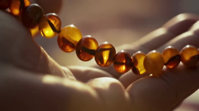 Close up of hand holding glowing amber prayer beads in sunlight
