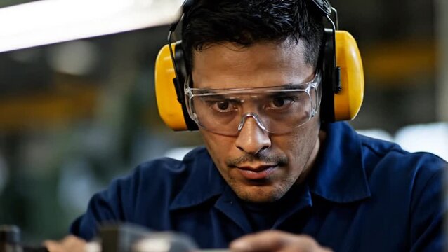 Man wearing protective eyewear and headphones working in an industrial setting