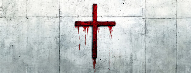 Christian cross made with rusty nails, drops of blood on grey background,