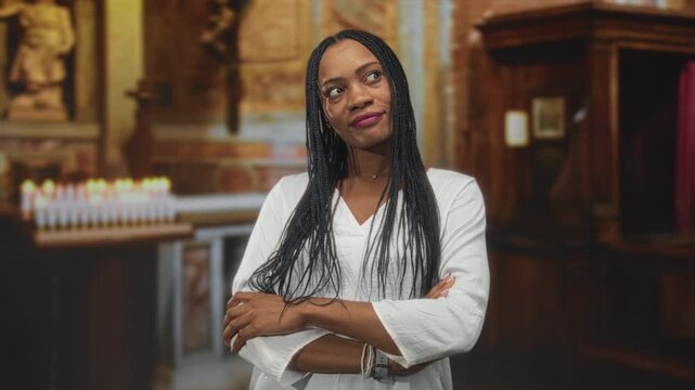 Black woman in white blouse with arms crossed and braided hair near lit votive candles in ornate church; quiet contemplation calm.