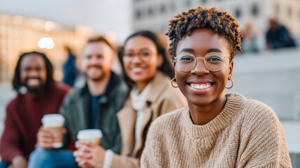 Obraz premium Young woman wearing glasses smiling outdoors, diverse group celebrating behind. Friends holding coffee cups, teamwork success, casual social gathering, multicultural community, happy lifestyle.