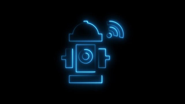 Neon blue glowing smart fire hydrant with wifi symbol on black background futuristic