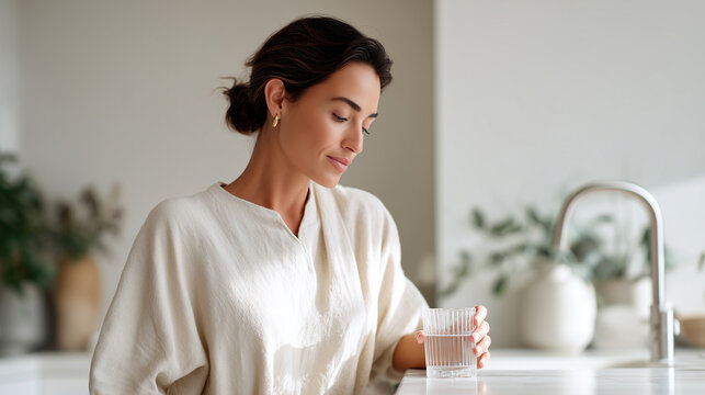 Woman holding glass of filtered water, healthy hydration routine. Female drinking pure water, wellness lifestyle, home kitchen, water balance, selfcare, refreshment, morning ritual.