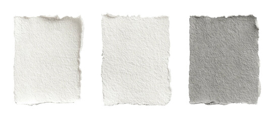 Three textured paper rectangles with deckle edges in varying shades of white and gray, against black