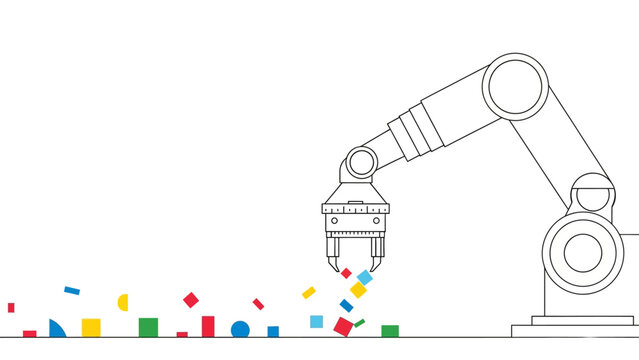 Automation Concept: Robotic Arm Sorting Colorful Geometric Data Blocks. Minimalist Line Art Vector Illustration.
