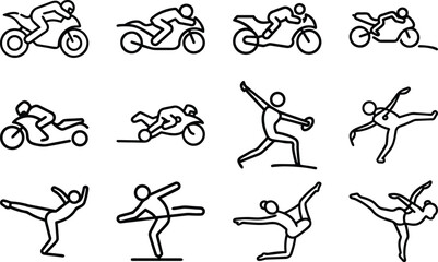 Obraz premium sports and fitness stick figure line icons mega set with running, jumping, cycling, gym workout and athletic activity symbols in outline style