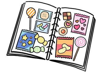 お菓子を集めたかわいいお菓子帳のイラスト