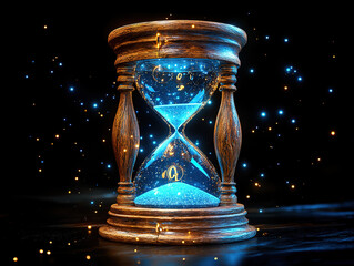 Glowing Hourglass with Blue Sand and Sparkling Particles