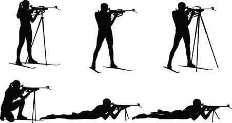Biathlon athlete shooting silhouettes illustration, winter sports competitors aiming rifles on skis, dynamic training and competition poses isolated on white background vector © Ideasy Mind