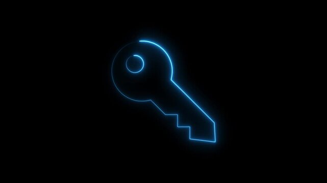 Glowing Blue Key on Black Background Unlock Concept Neon Light Outline neon key black background key outline