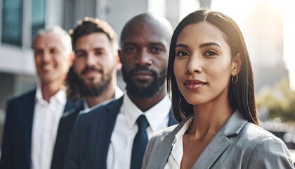 Obraz premium A diverse group of professionals standing confidently in a sunlit urban setting, embodying teamwork and strength
