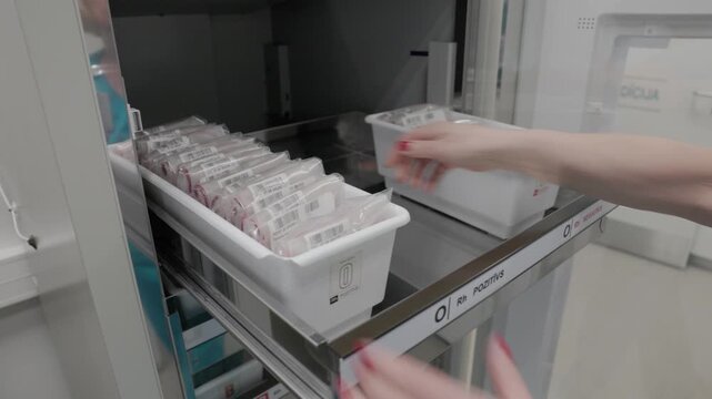 Medical staff stores labeled blood bags in a refrigerated unit labeled for O Rh positive blood type. Hands with red nail polish seen. Clinical environment