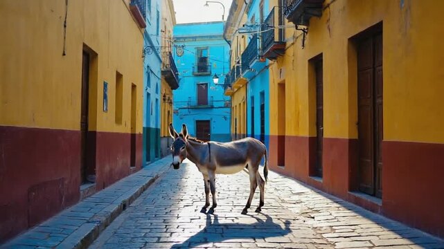 Donkey in a village.