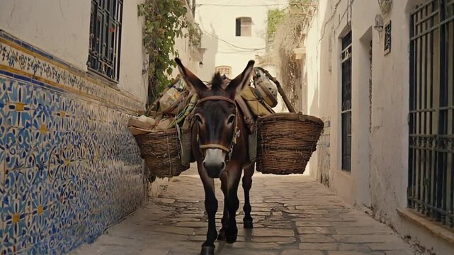 Donkey in a village.