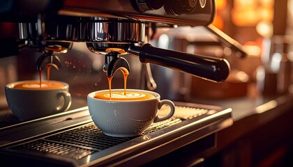 A freshly brewed cup of coffee emerges from an espresso machine, with warm lighting enhancing the scene