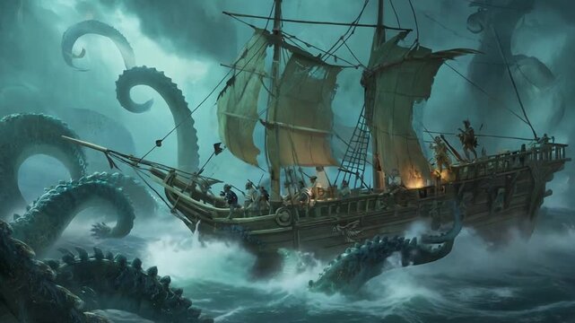 Giant octopus attacks a pirate ship.