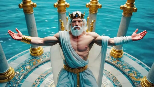Poseidon on a throne in Atlantis.