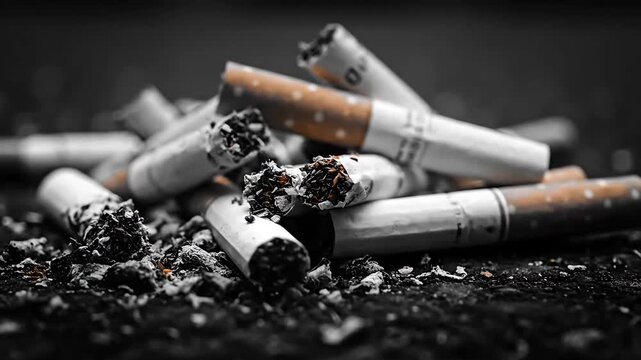 Pile of extinguished cigarette butts symbolizes addiction and unhealthy lifestyle choices