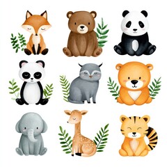 Fototapeta premium Adorable cartoon animal collection featuring panda, fox, elephant, tiger, and more