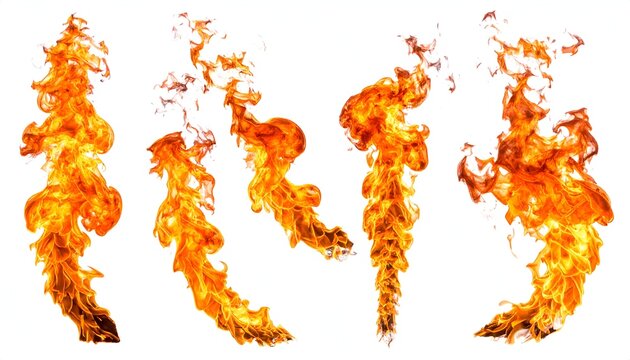 Five distinct flames in vibrant orange and yellow colors, swirling upward with dynamic, fluid shapes