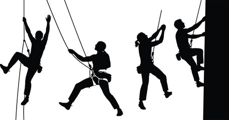 Rock climbing rope access silhouette illustration, male and female climbers ascending walls with safety harnesses, industrial and outdoor adventure training poses vector