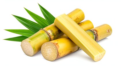 Fresh segments of yellow sugarcane with green leaves arranged artistically on a white background