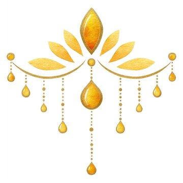 Elegant golden watercolor jewel design with ornate teardrops and leaves on white background