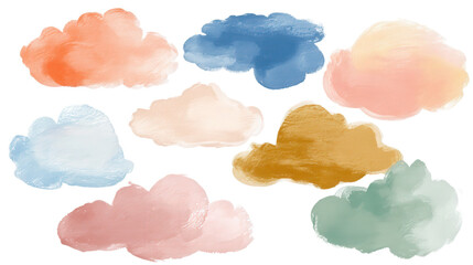Soft pastel cloud shapes in dreamy minimal style background isolated on a Transparent background, PNG file.