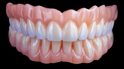 A stunning display of flawless teeth shines brightly, revealing pristine enamel and perfect alignment. The smile exudes confidence and health, illuminated against a contrasting dark backdrop