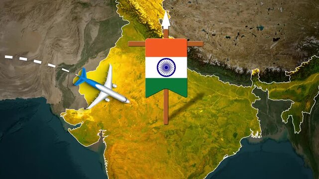 Travel Map Animation showing Commercial Flight Route between Riyadh and New Delhi