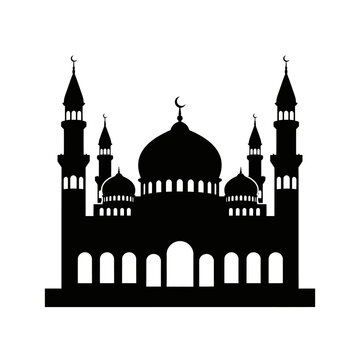 A striking black silhouette of a traditional mosque with minarets and a crescent moon silhouette high quality professional detailed modern elegant stylish