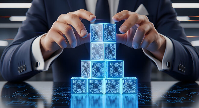 Businessman building a pyramid structure from glowing digital blocks representing corporate growth and structural foundation
